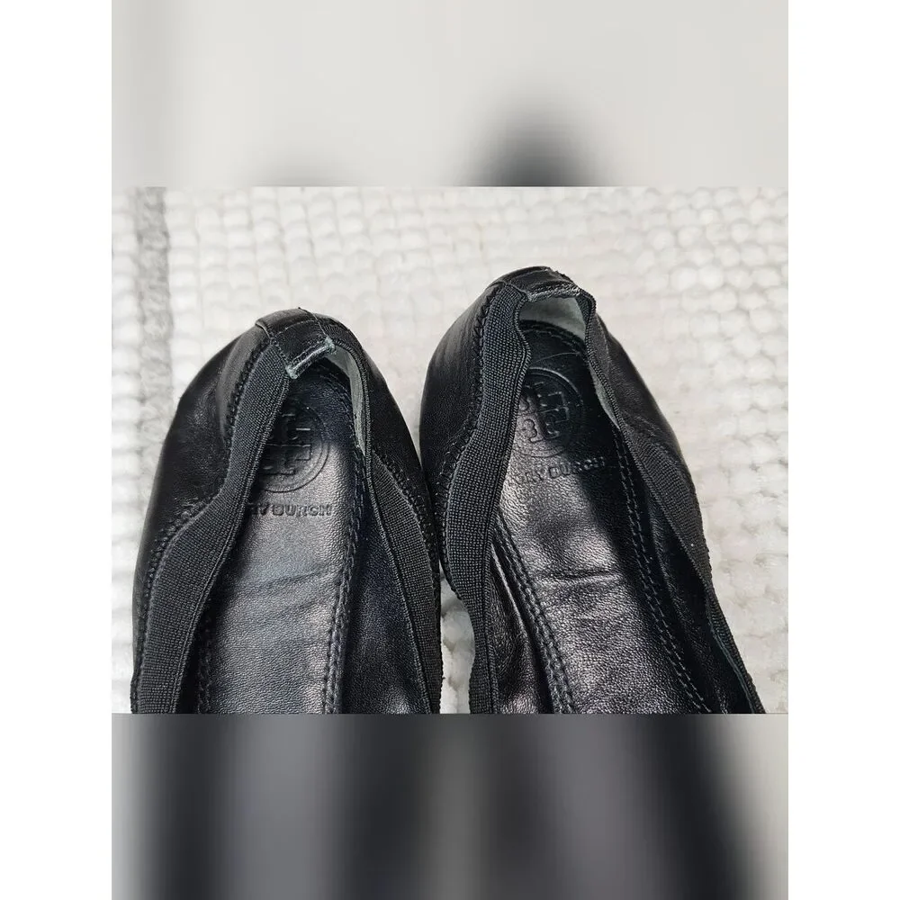 Tory Burch Ballet Flats Size-8 Black Gold Leather Jolie Stretch Shoes.